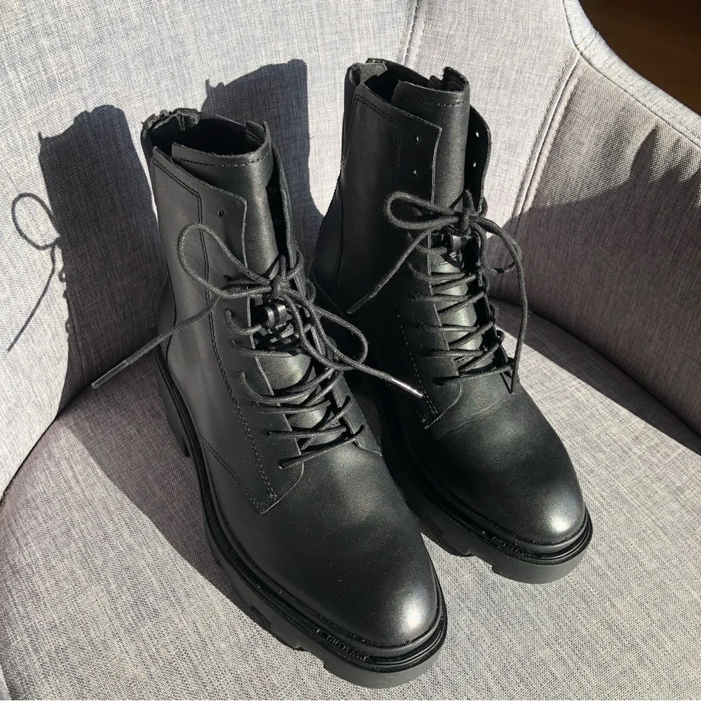 NWOT ASH Moody black leather lace up rear zipper chunky lug sole ankle boots 8 - Picture 11 of 15